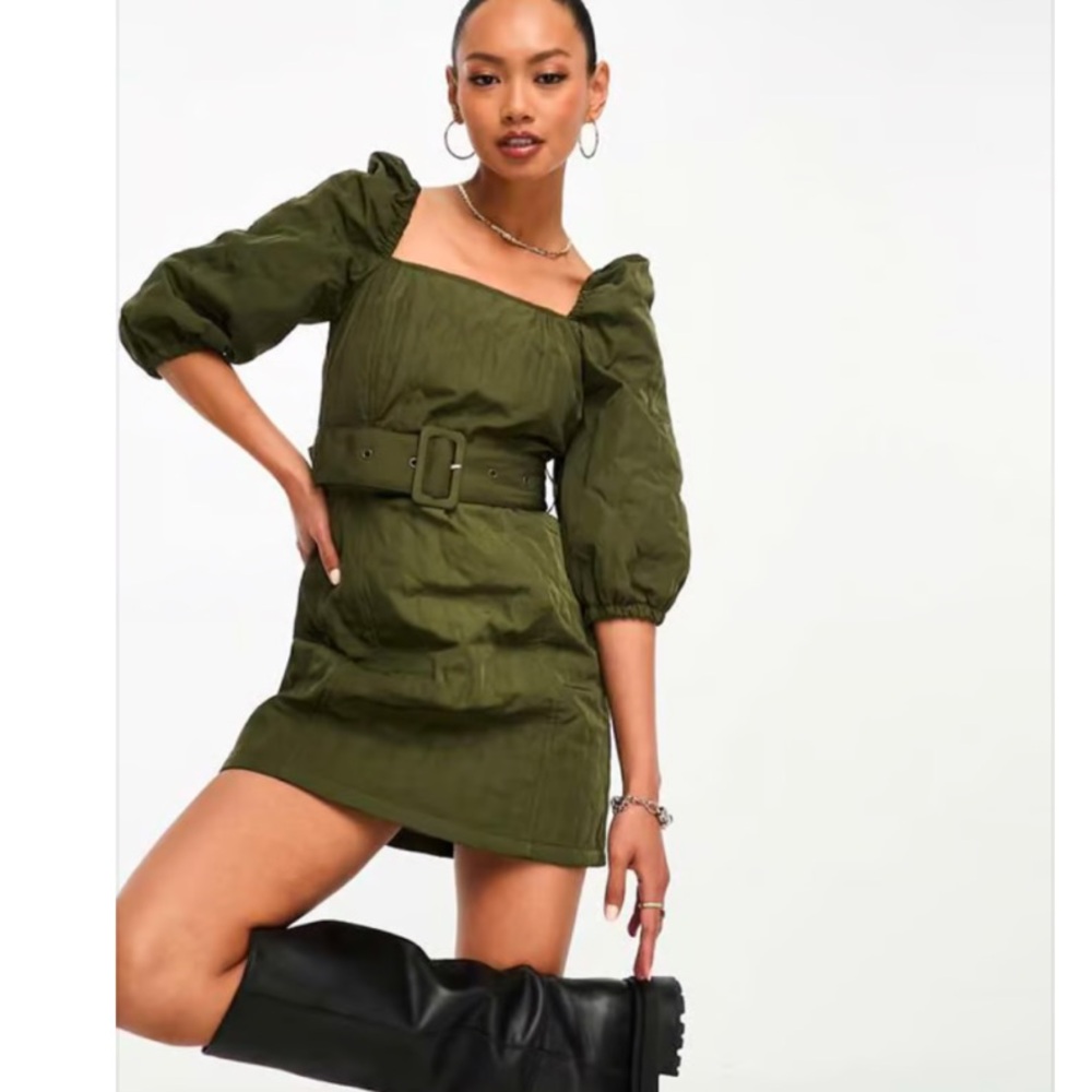 ASOS Green Ruched Mini Dress with Puff Sleeves and Square Neck